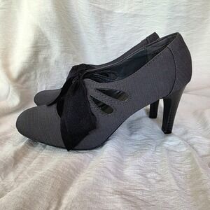 Ann Marino 6 1/2 Retro Ribbon Toe Tear Drop Cut Out Pumps Heels Black‎ Gray 40s